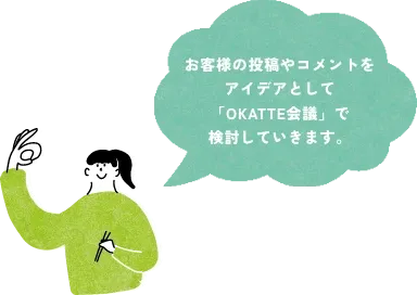 お客様の投稿やコメントをアイデアとして「OKATTE会議」で検討していきます。